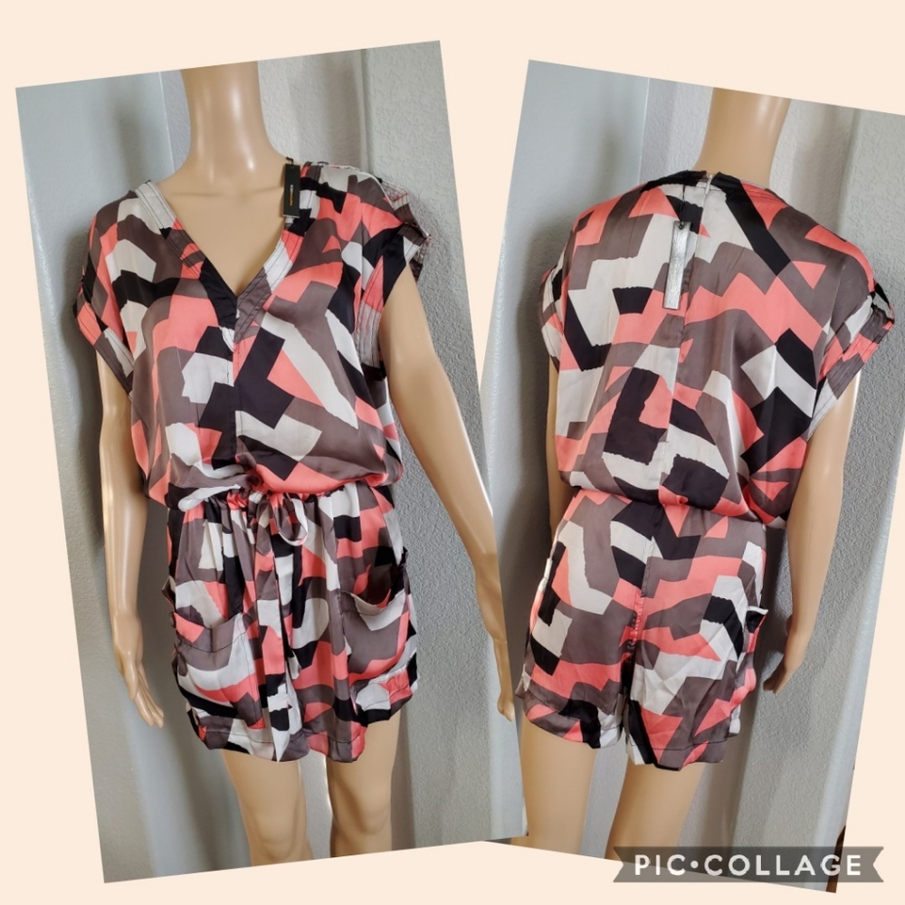 NWT Bcbg Maxazria Satin Romper NWT MSRP: $198 L Large pink gray pockets buttonB